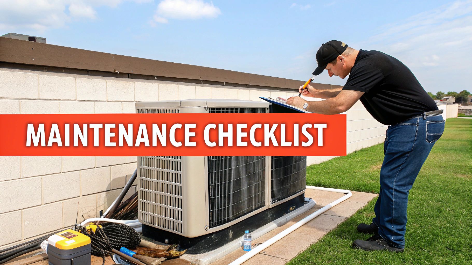A technician performing maintenance on a commercial rooftop air conditioning unit.