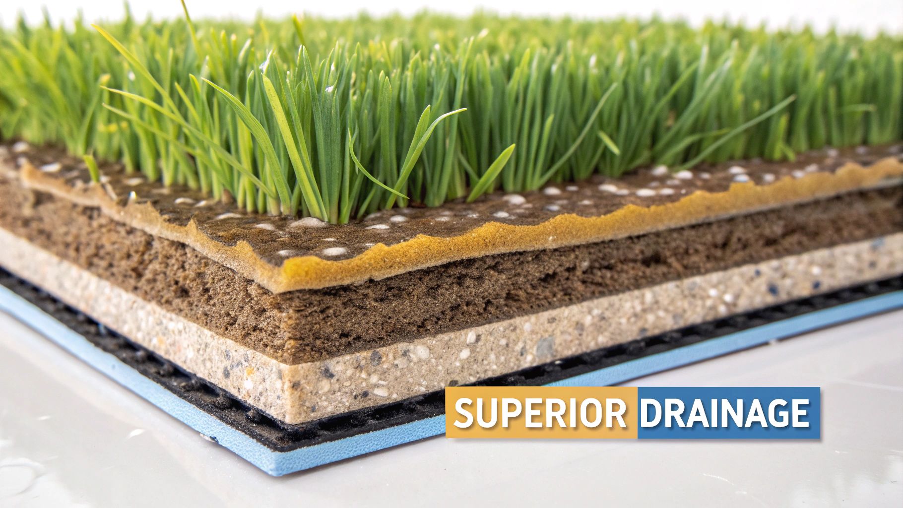 Woman inspecting the drainage and inﬁll of artificial pet turf