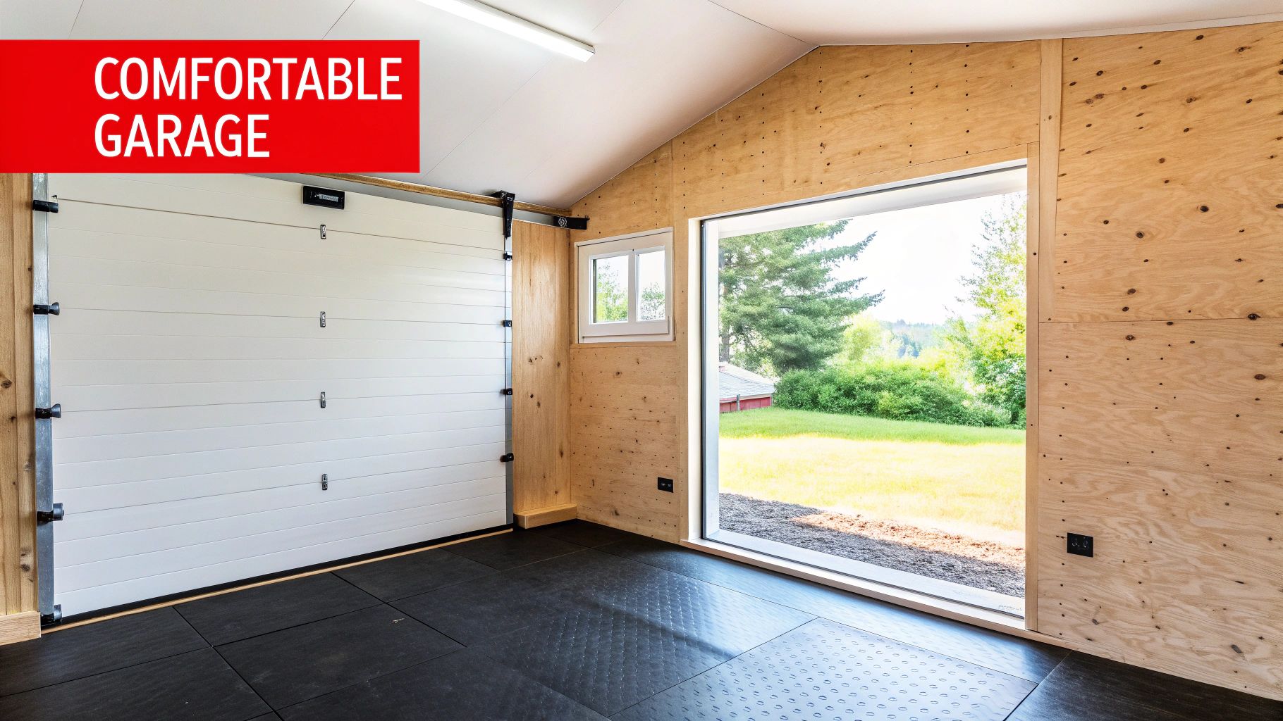 A family uses their well-lit, organized garage as a hobby space.