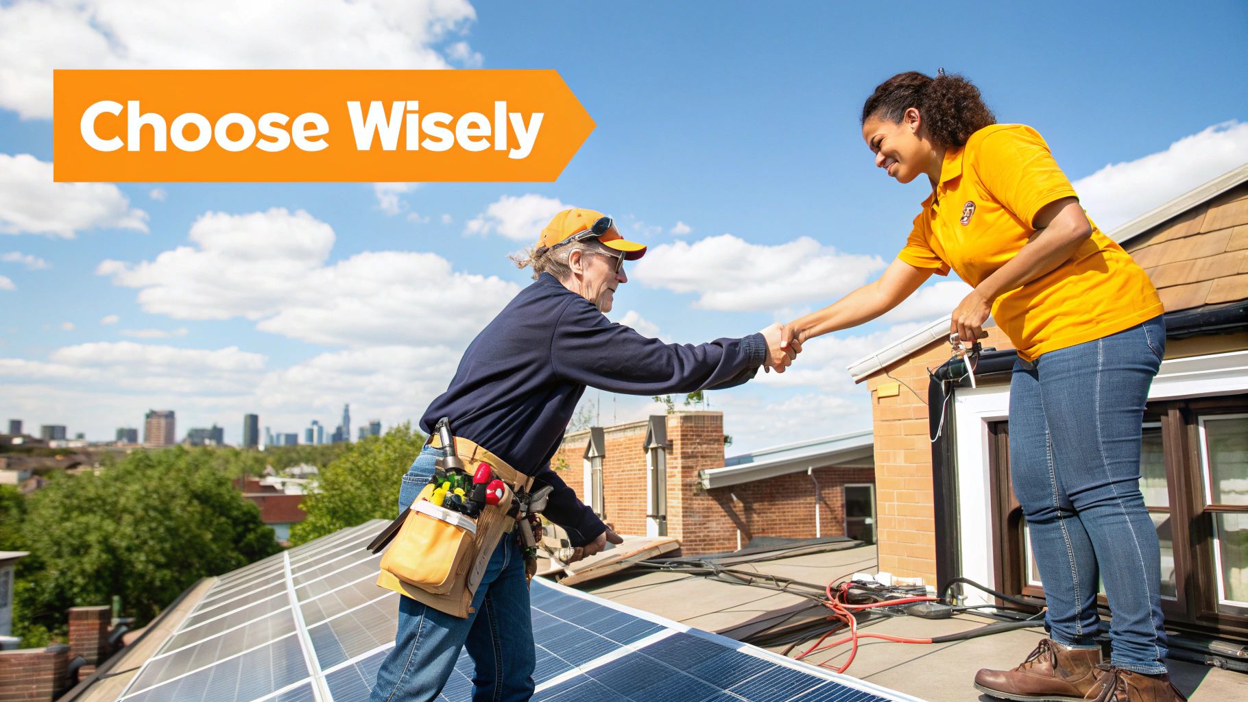 A team of professional solar installers reviewing plans on a tablet on a New York City rooftop, with the skyline in the background.