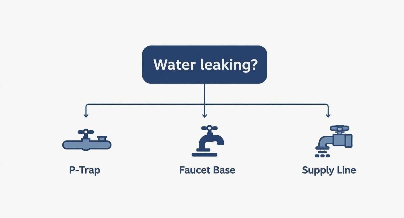 Infographic decision tree for finding kitchen sink leaks, showing paths from the central question to the P-Trap, Faucet Base, and Supply Line.