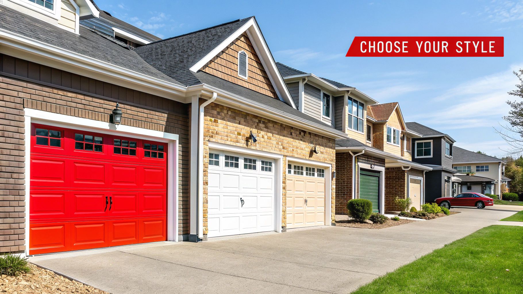 A stylish residential garage door with windows, set into a modern home's exterior.