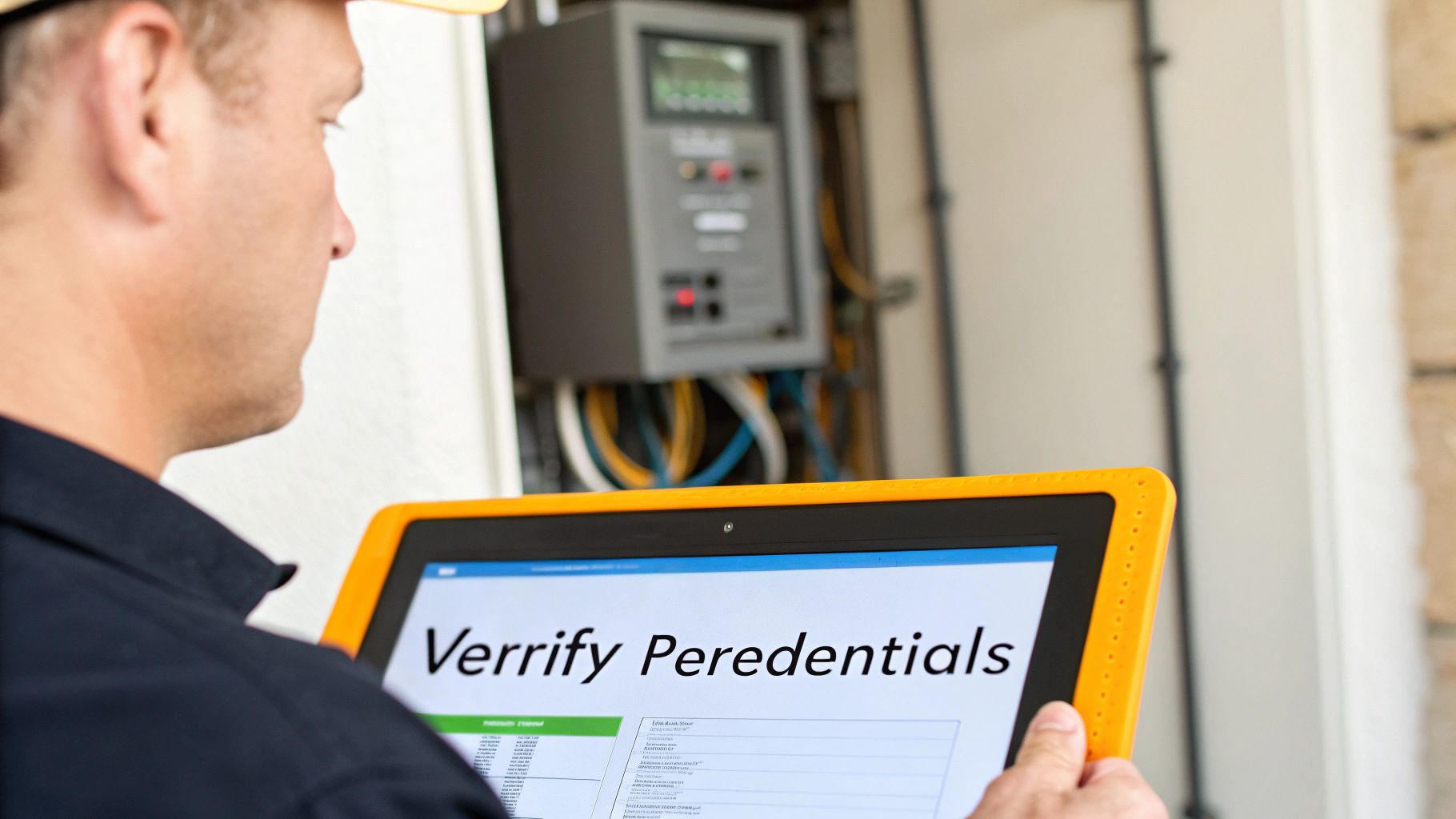 A certified technician inspecting a newly installed Tesla Powerwall unit on the side of a modern home.