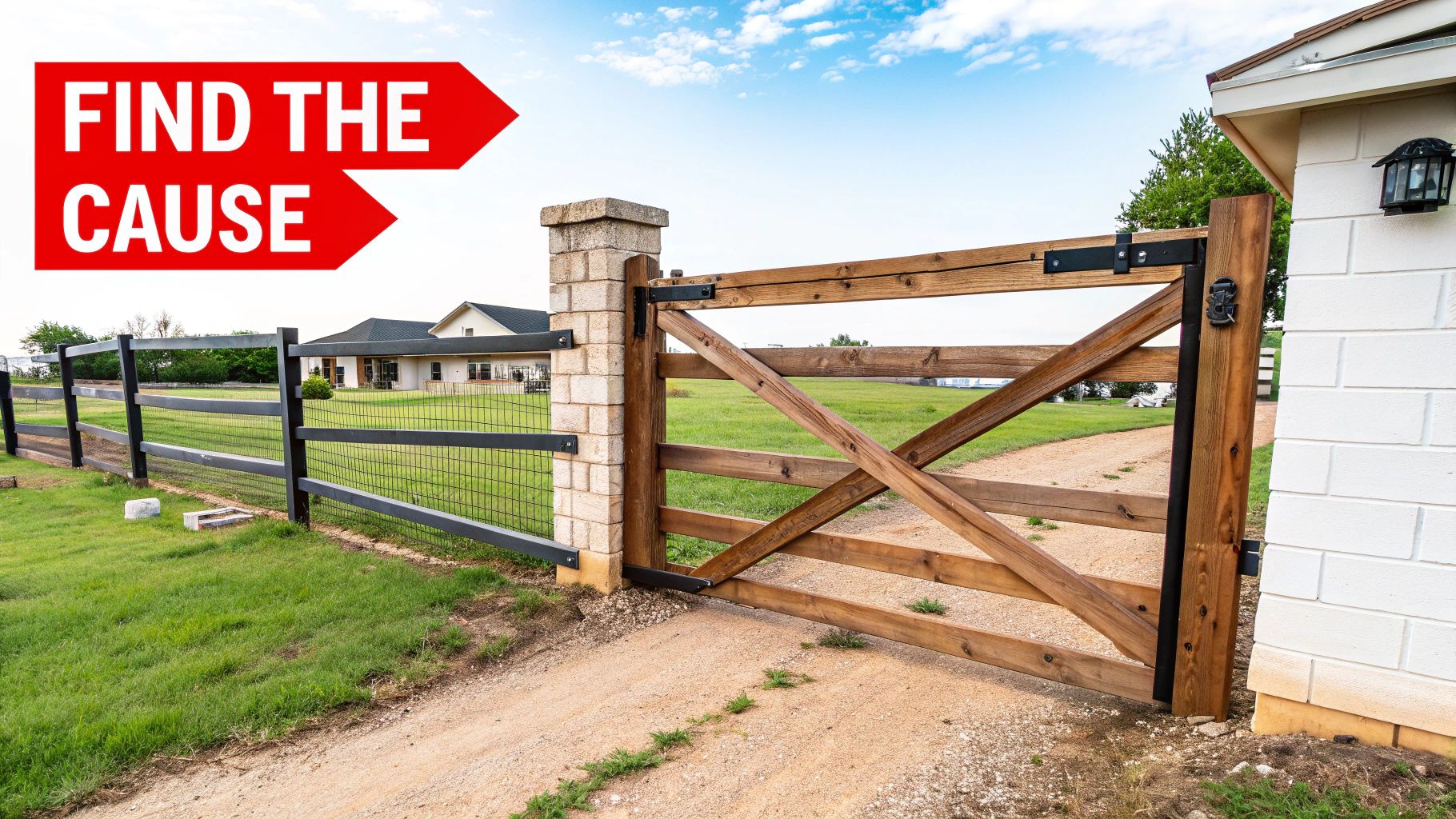 A wooden gate with a visible sag, showing it dragging on the ground slightly.