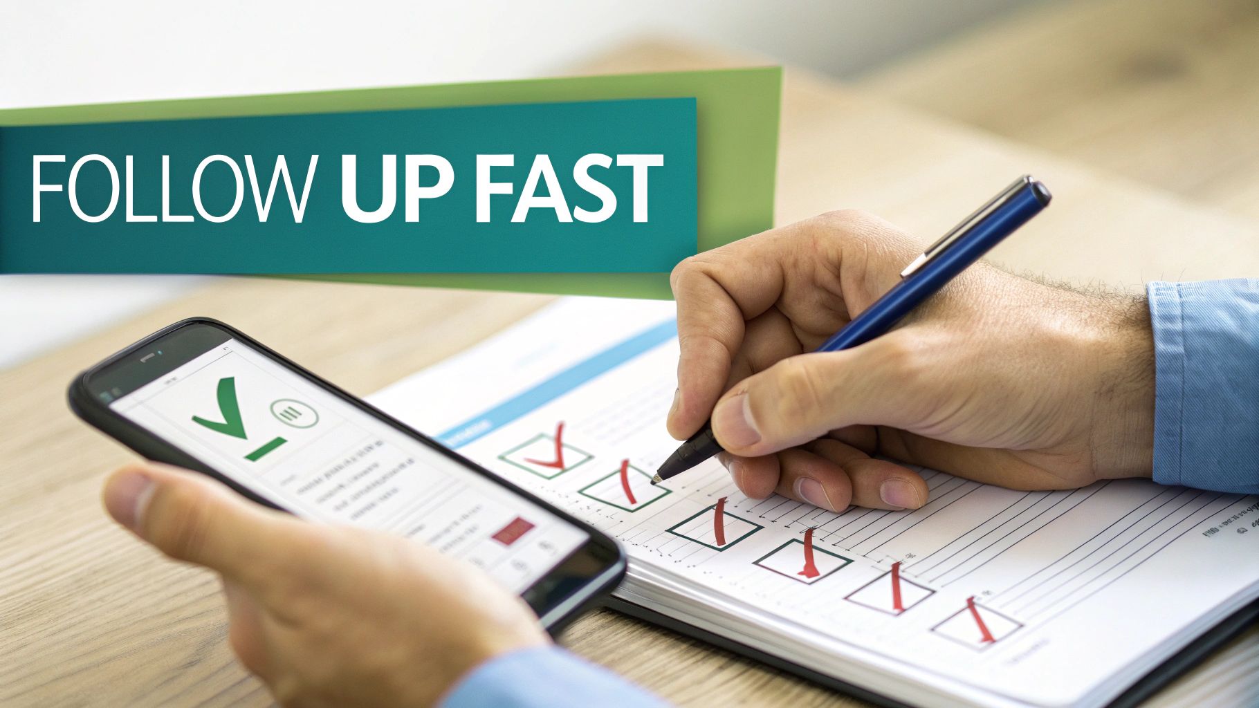A marketing professional at their desk, smiling as they execute a successful follow-up email campaign after a trade show.