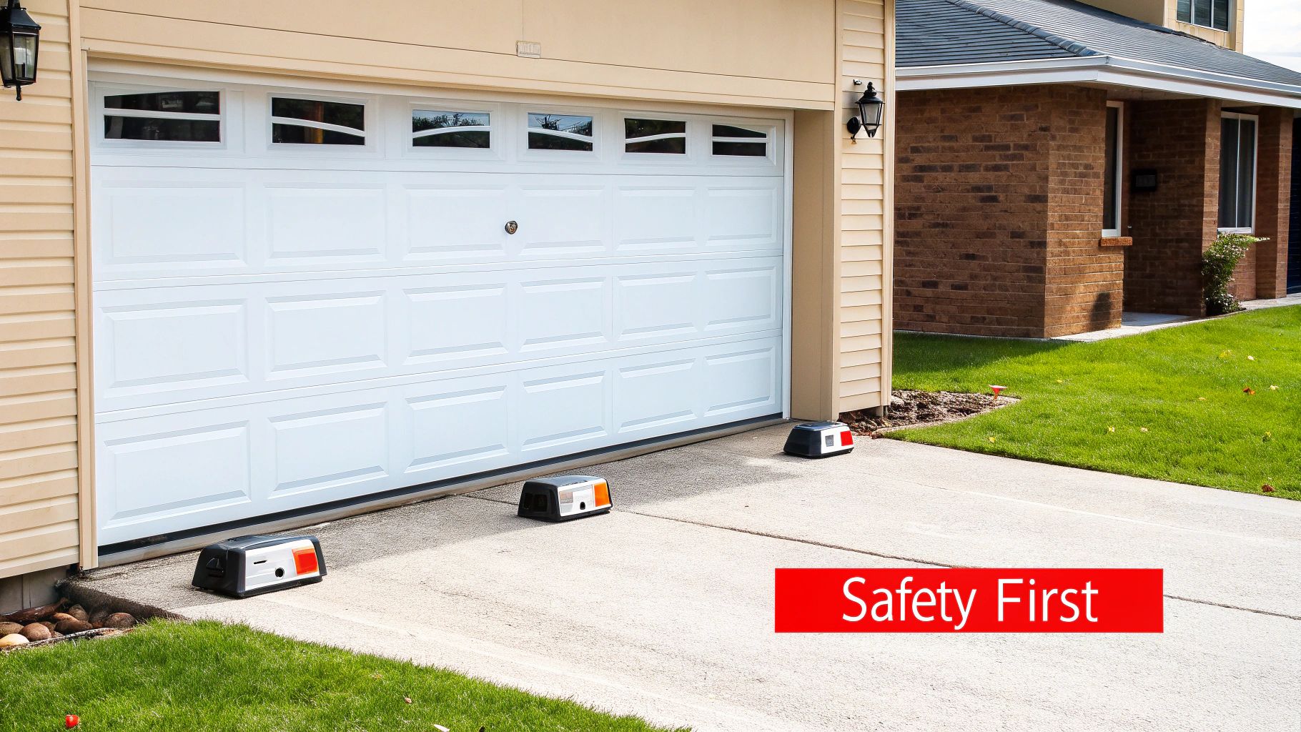 A close-up of an overhead door garage door sensor mounted near the floor, with its indicator light on.