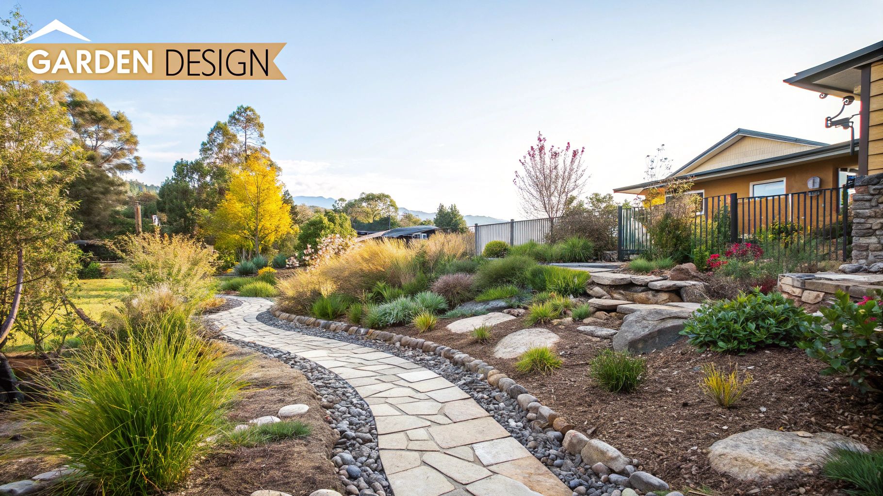 A thoughtfully designed native plant garden with stone pathways and layered plants.