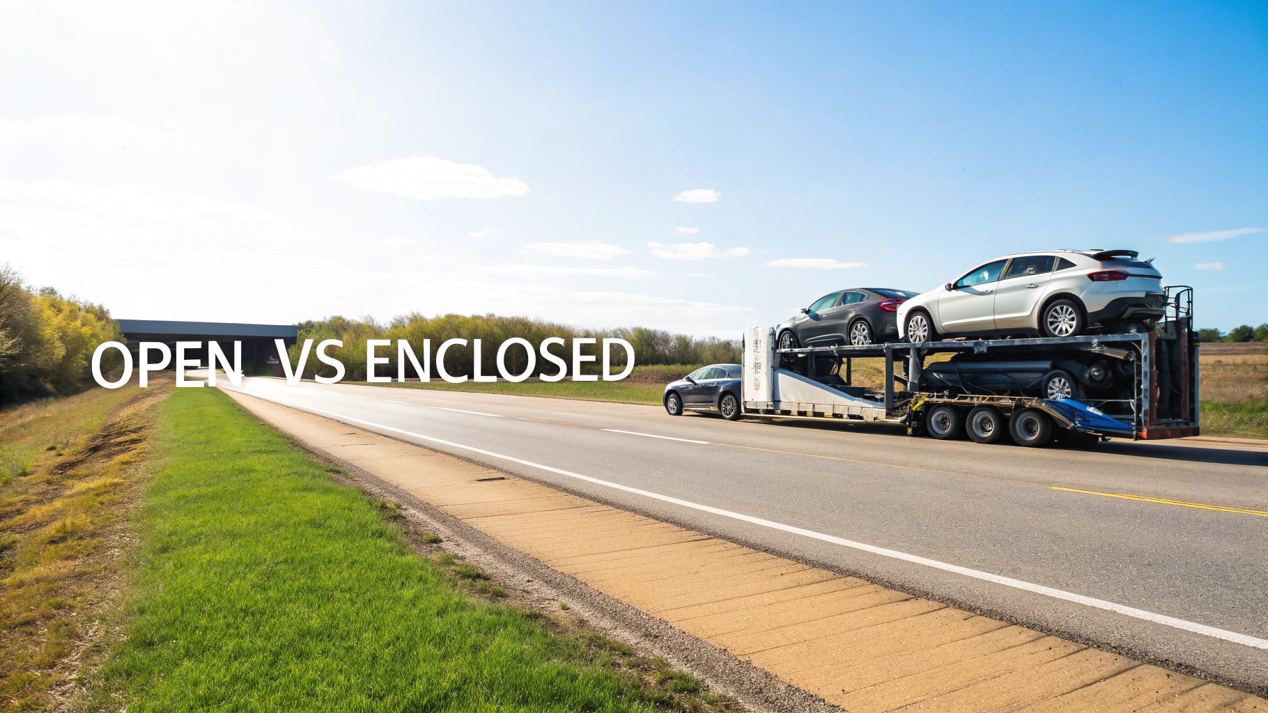 A black enclosed car carrier driving on a highway with a sunset in the background