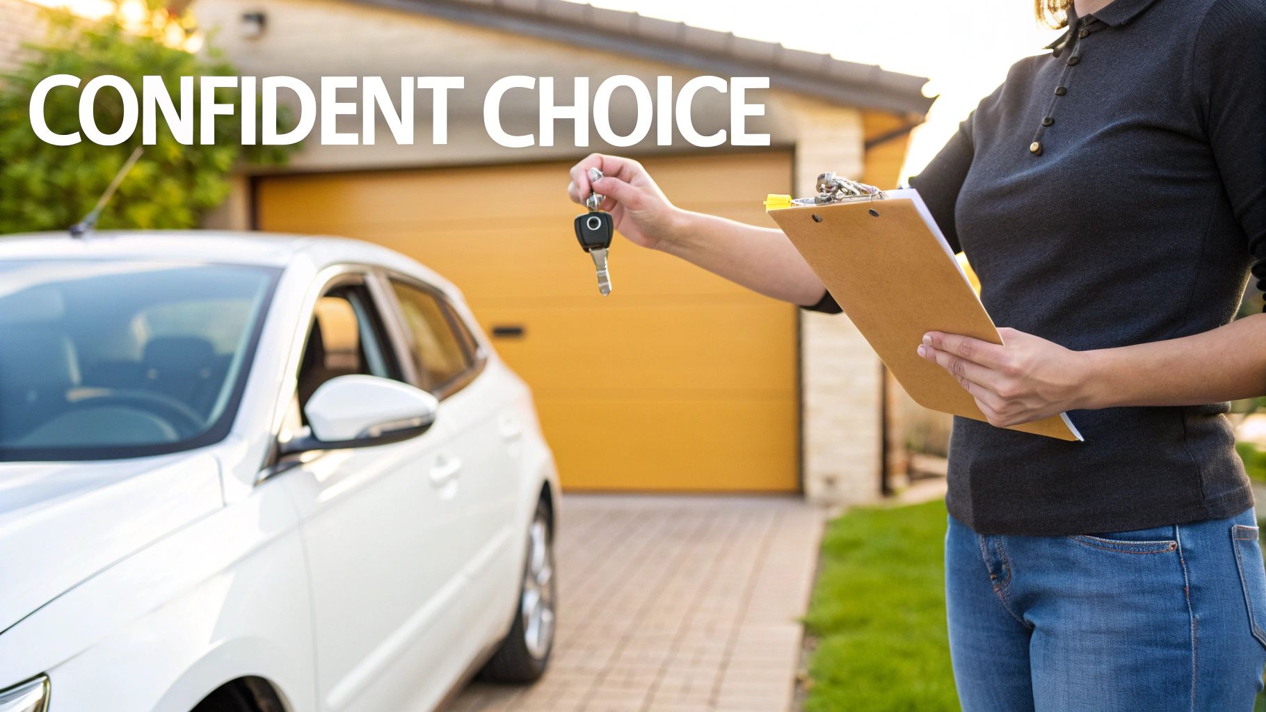 A smiling person accepting keys to their new car, which is parked in their driveway.