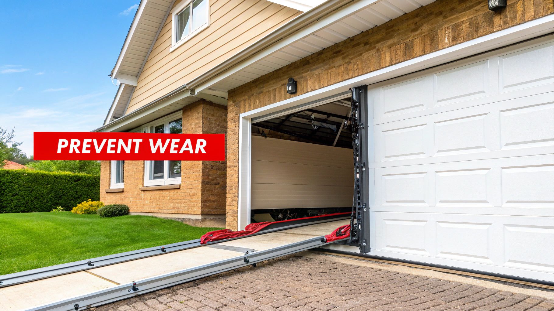 A technician lubricating the hinges of a residential garage door.