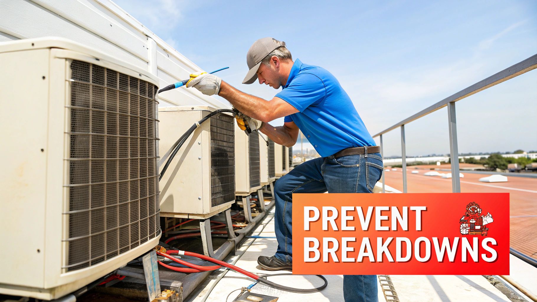 A technician wearing gloves checking the internal components of a large commercial refrigeration unit.
