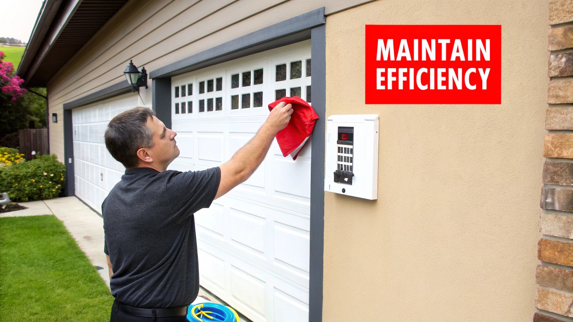 An attractive, energy-efficient garage door on a brick home, enhancing its curb appeal.