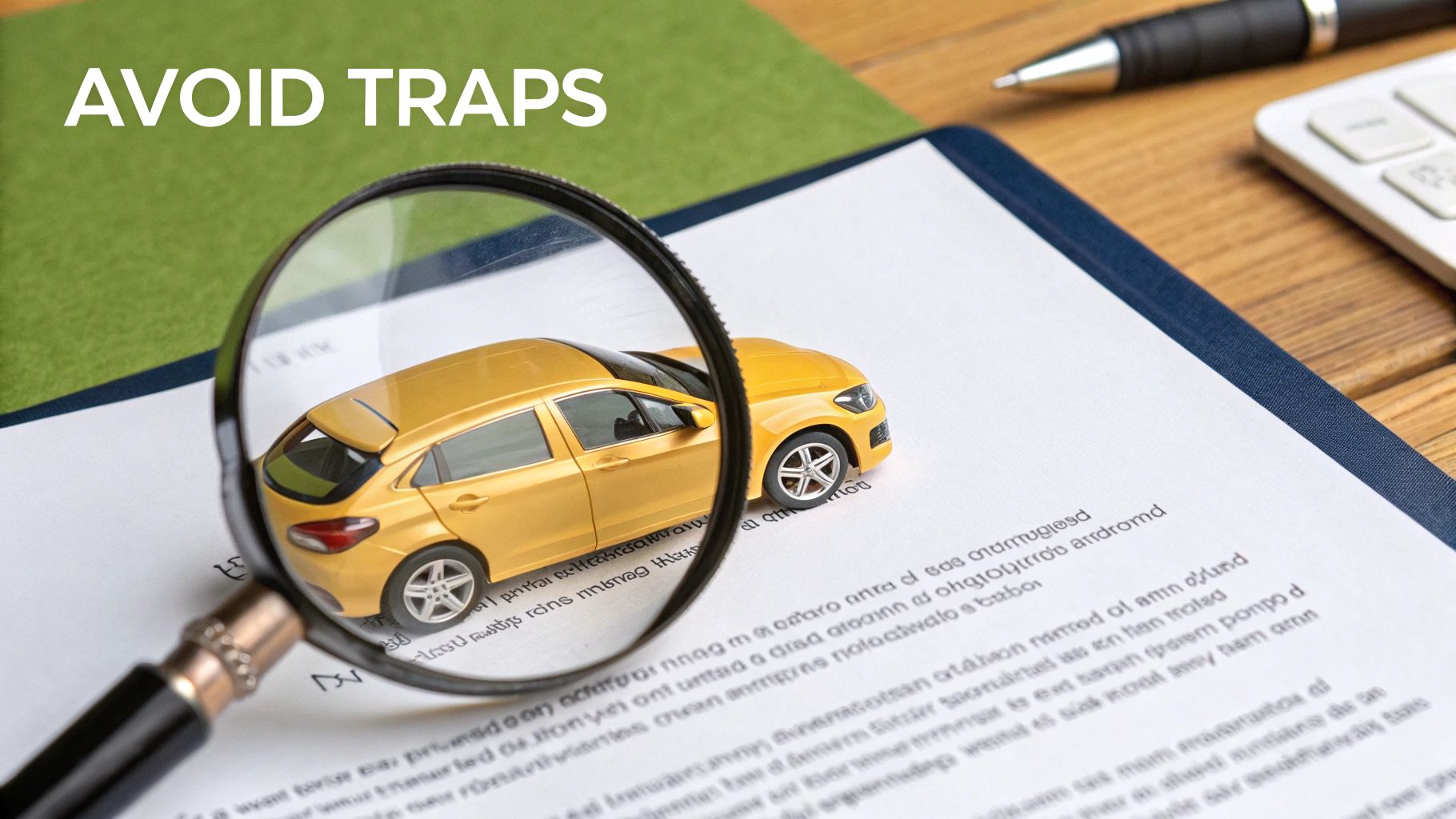 A person looking closely at a car contract, focused on the details.