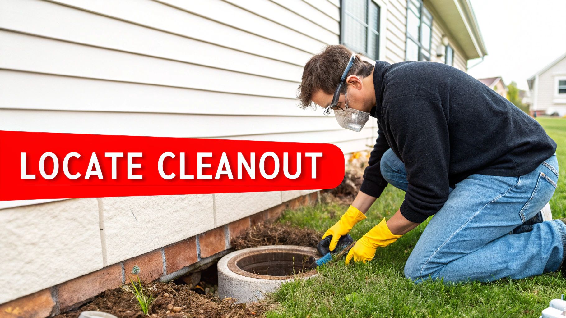 A clear image showing a white PVC sewer cleanout pipe with a square nut on the cap, located in the landscaping next to a home's foundation.