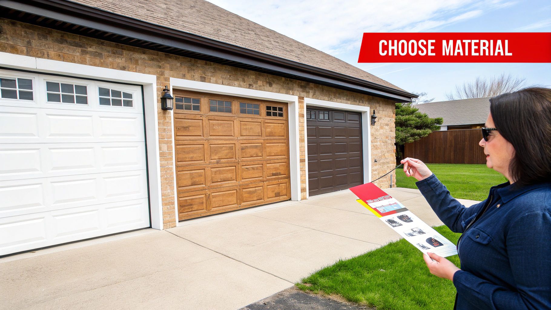 A modern home featuring a steel garage door with a wood-look finish.
