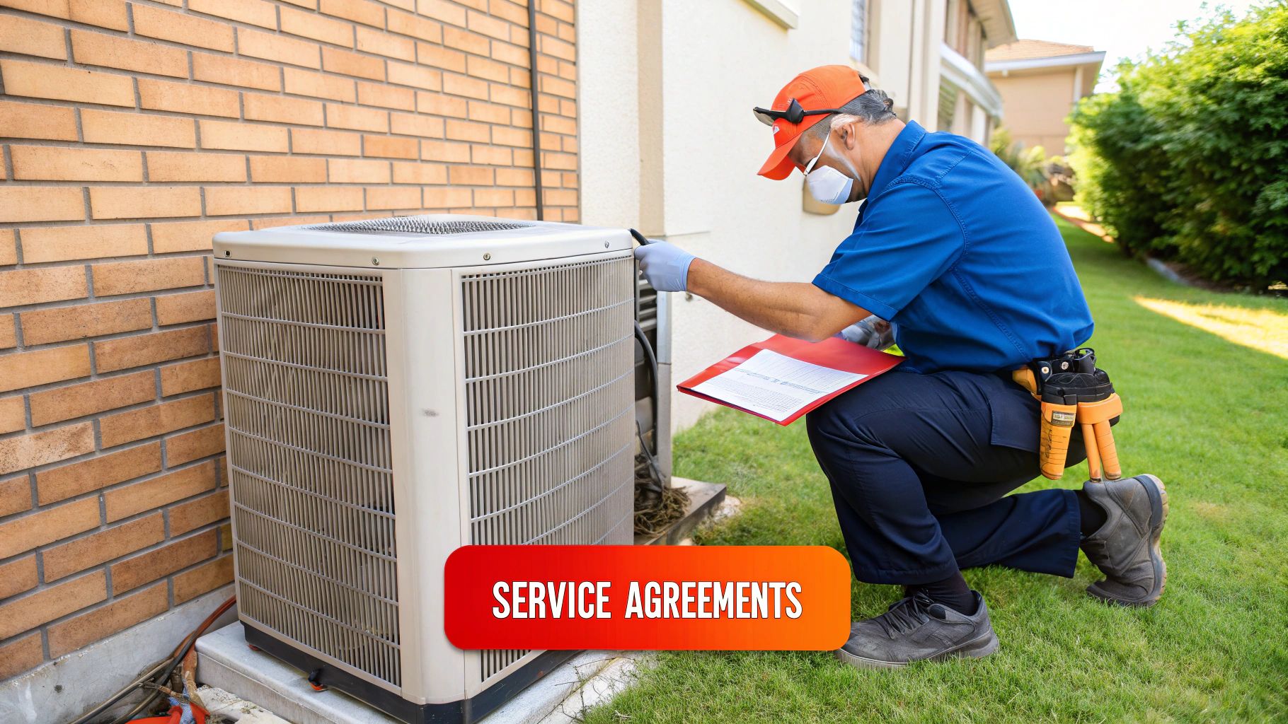 A technician inspecting an outdoor air conditioning unit's components with tools.