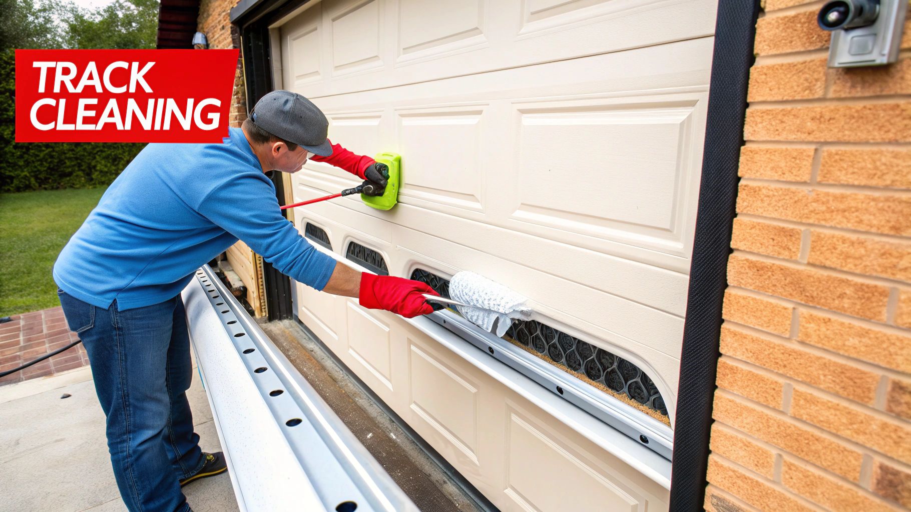 A technician answering questions from a homeowner about their garage door.