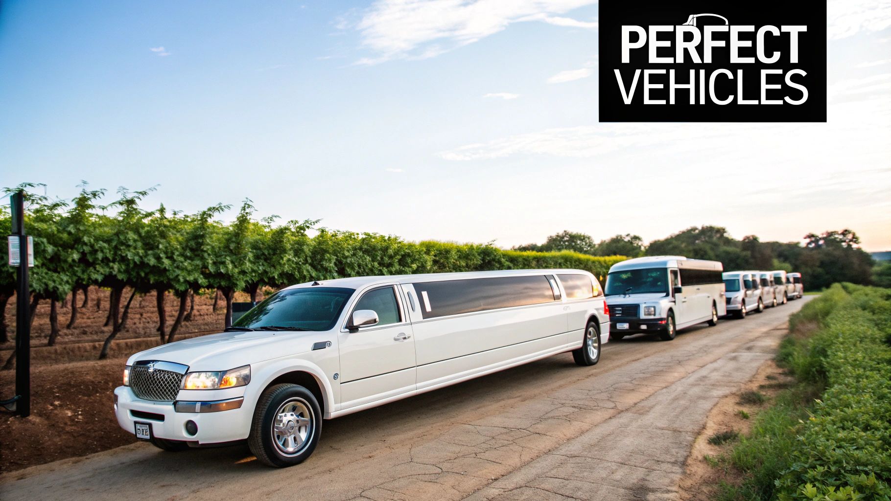 Wedding party posing in front of a classic white limousine