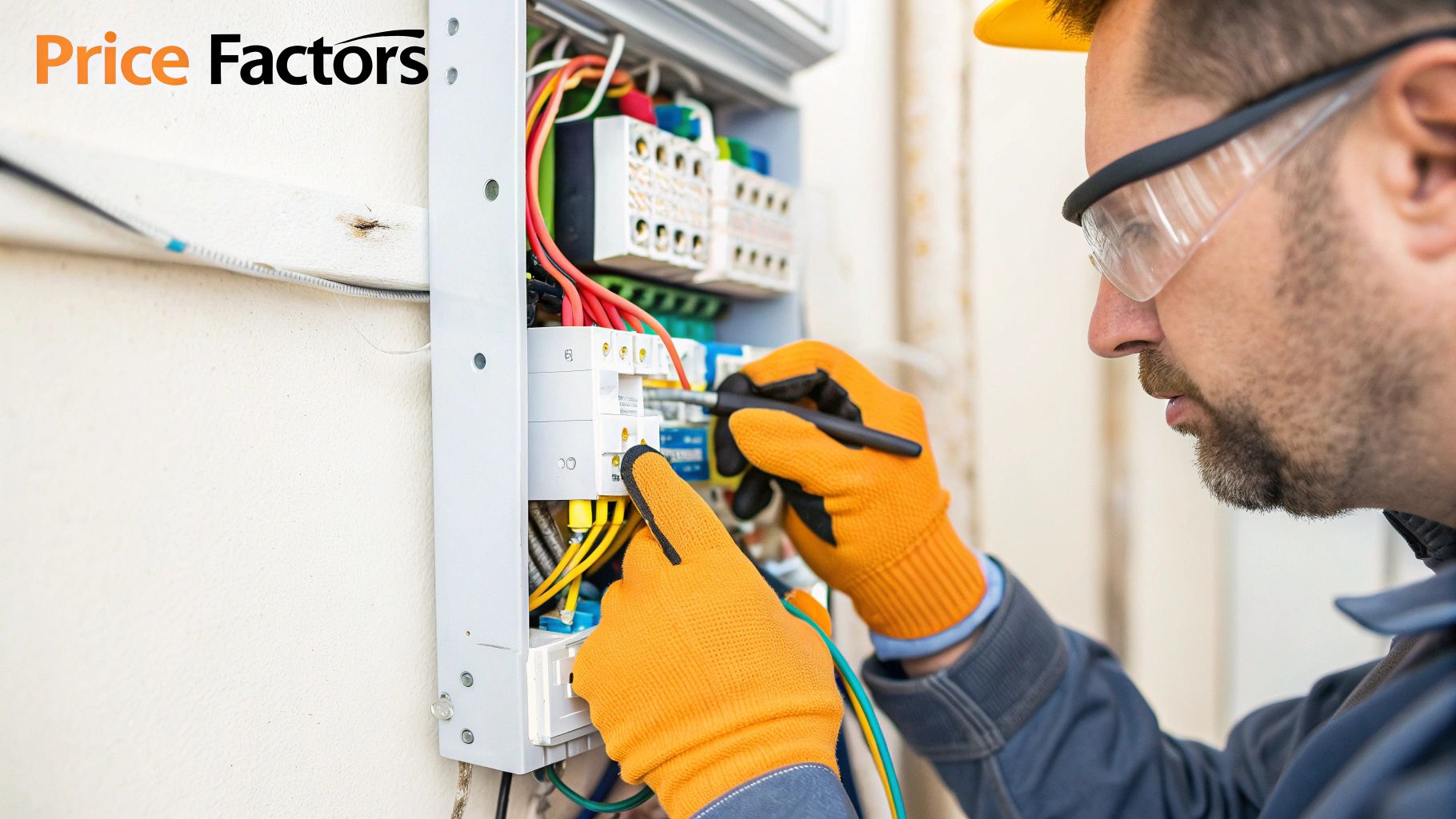 An electrician carefully installs wiring for a Level 2 EV charger in a modern residential garage.