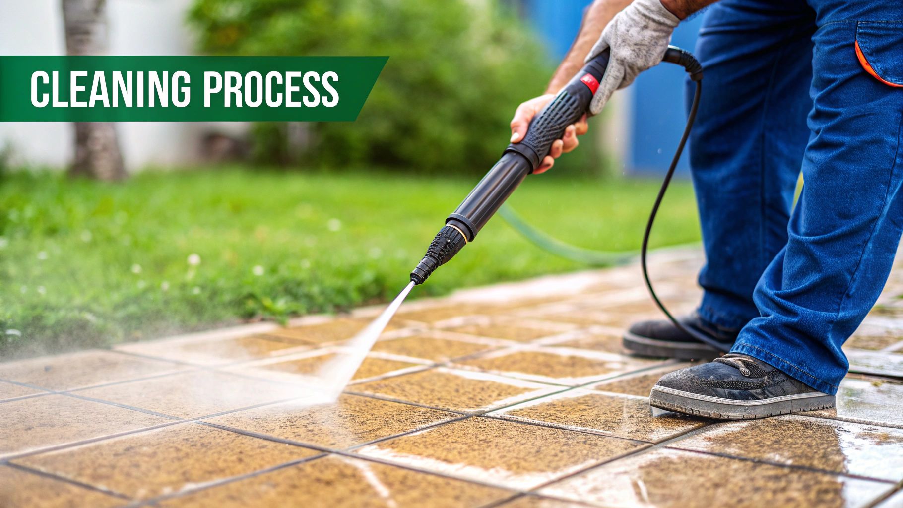 A professional technician from Peace Frog Specialty Cleaning carefully cleaning grout lines on a tile floor.