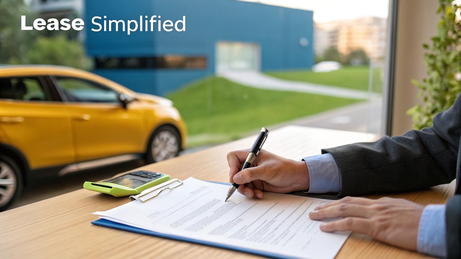 A person signing lease paperwork for a new car at their home office