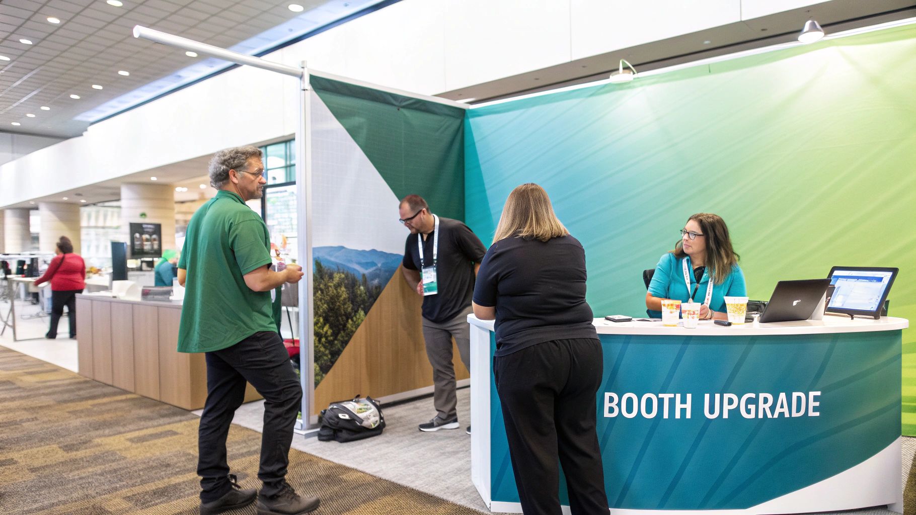 A modern trade show booth featuring a large, seamless tension fabric banner with vibrant graphics.
