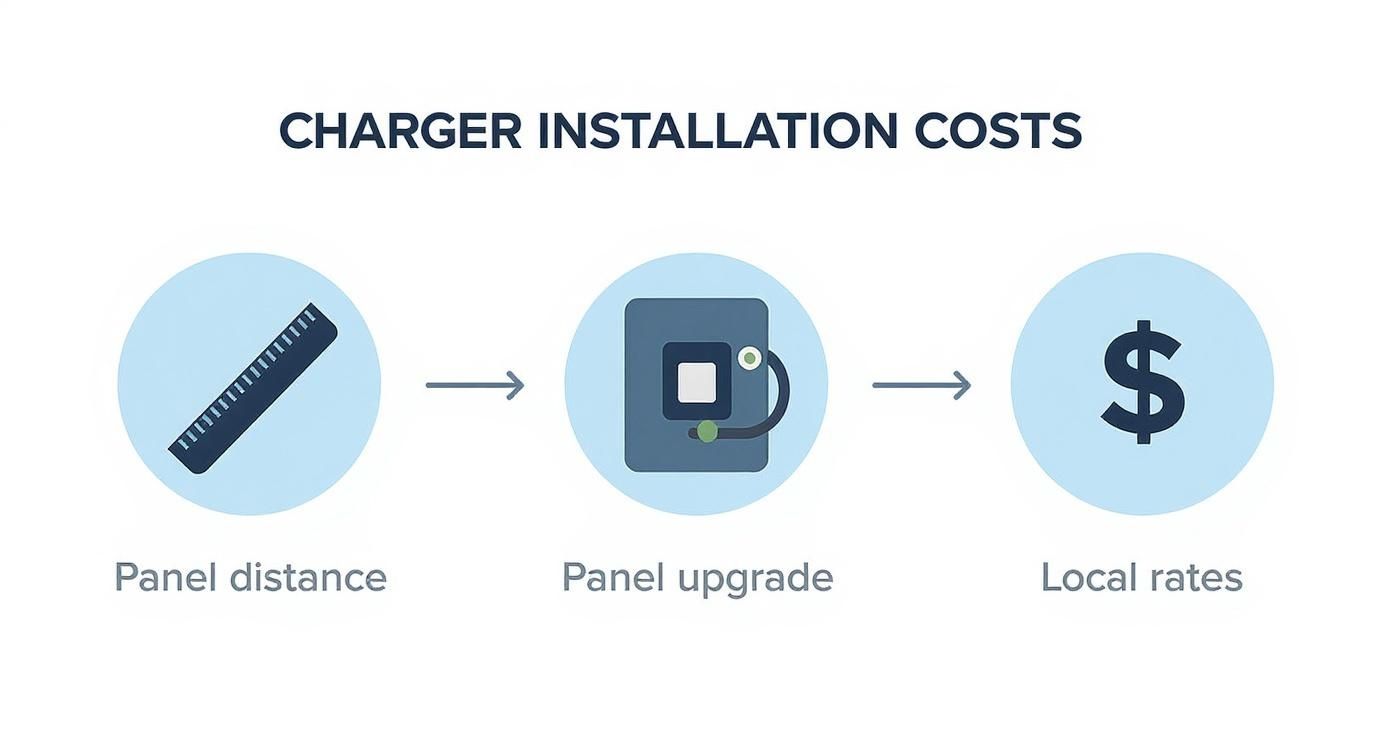 Infographic showing the process flow of charger installation costs, including panel distance, potential panel upgrades, and local labor rates.