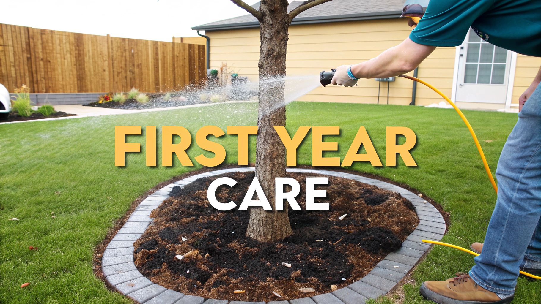 A person mulching around the base of a newly planted young tree.