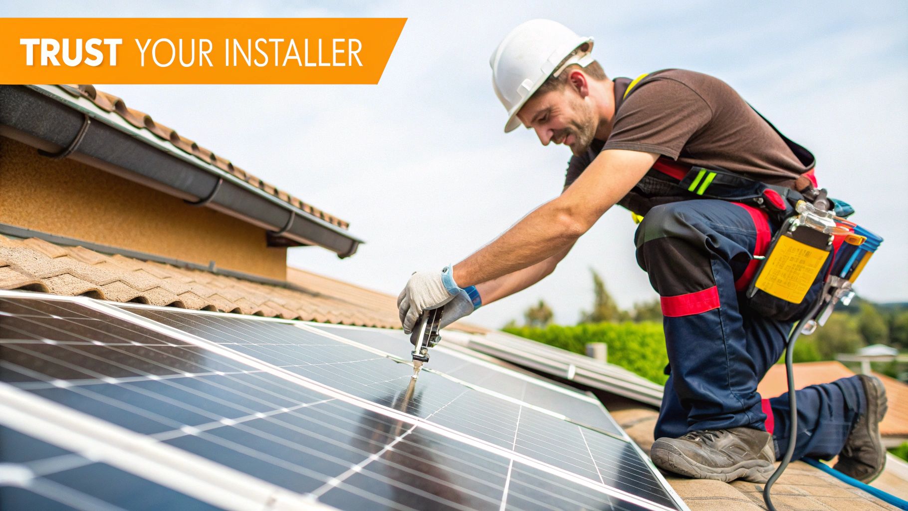 A professional solar installer in safety gear carefully aligns and secures a solar panel onto a residential roof mounting system.
