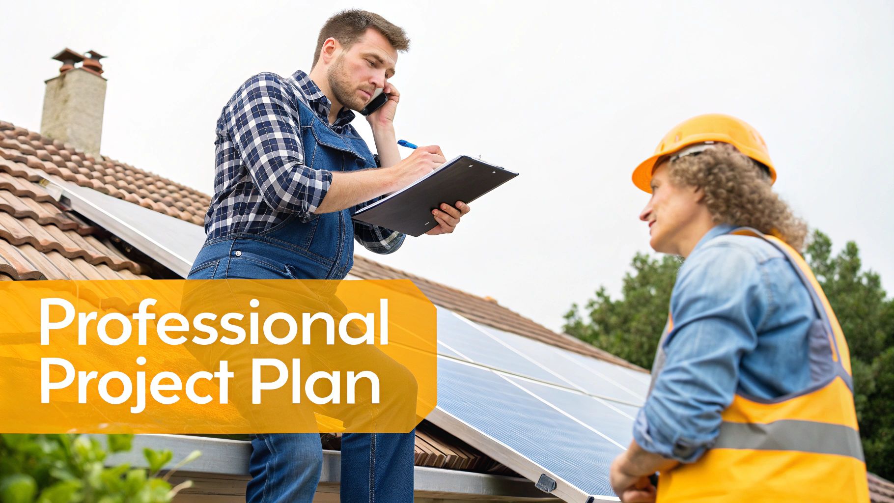 A solar installation expert on a roof, taking measurements and assessing the structure.