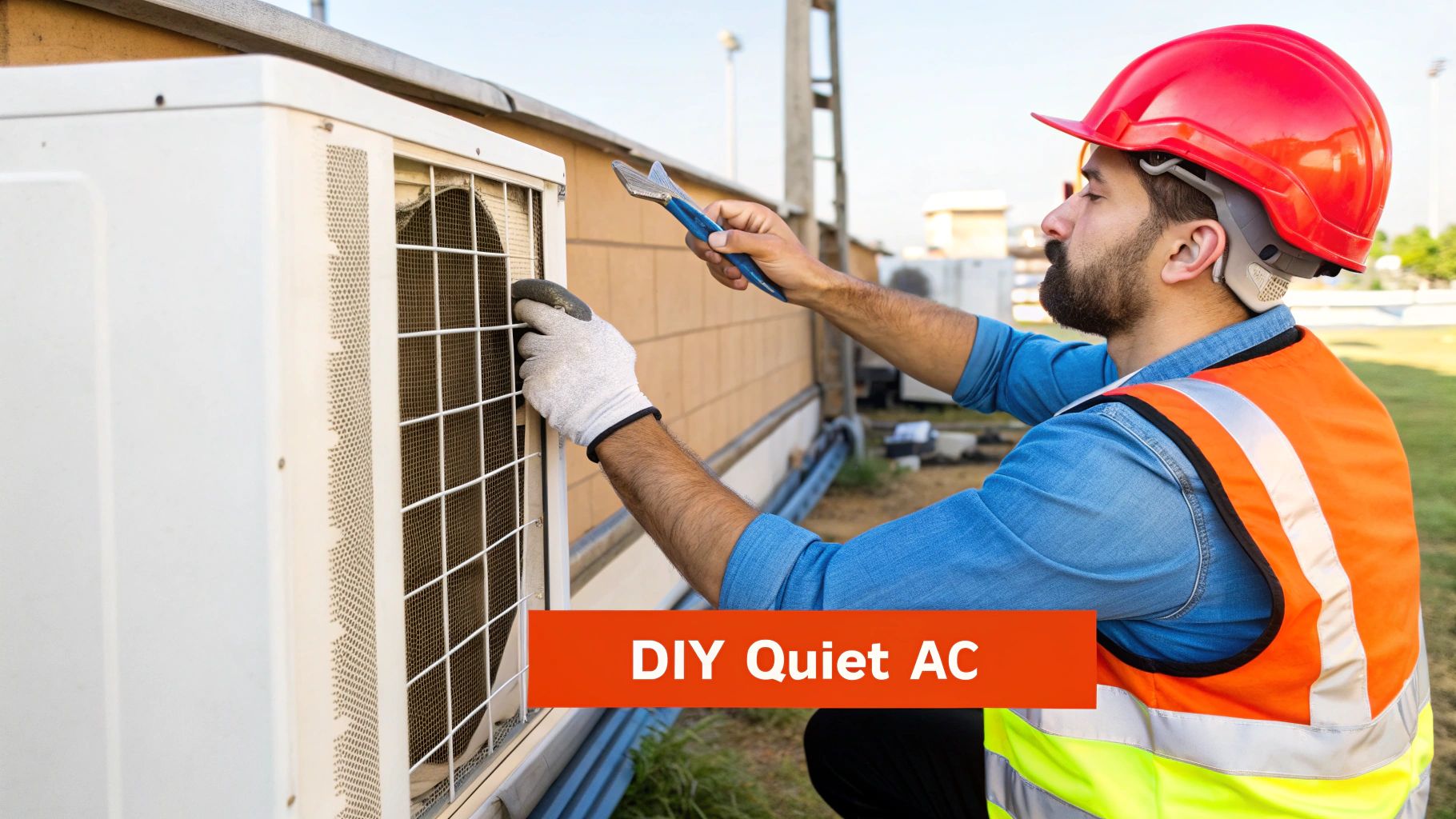 A facility manager tightening a panel on a commercial air conditioner unit.