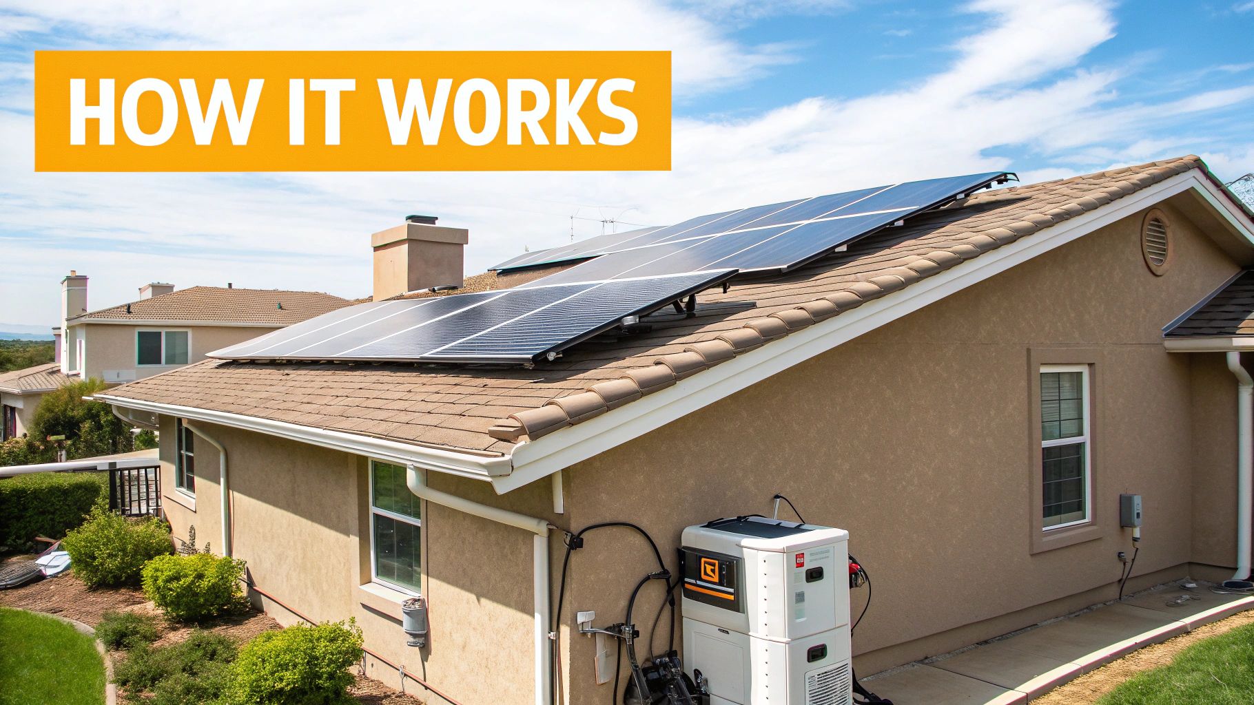 A modern home with solar panels and a visible battery storage unit, set against a sunny New York backdrop.