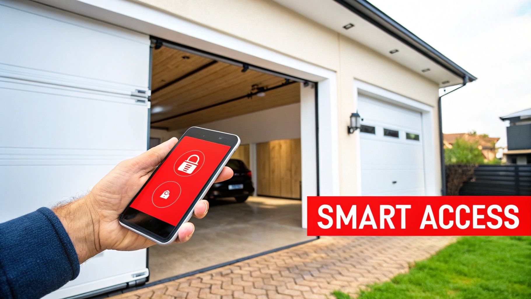 A person using a smartphone to open their garage door