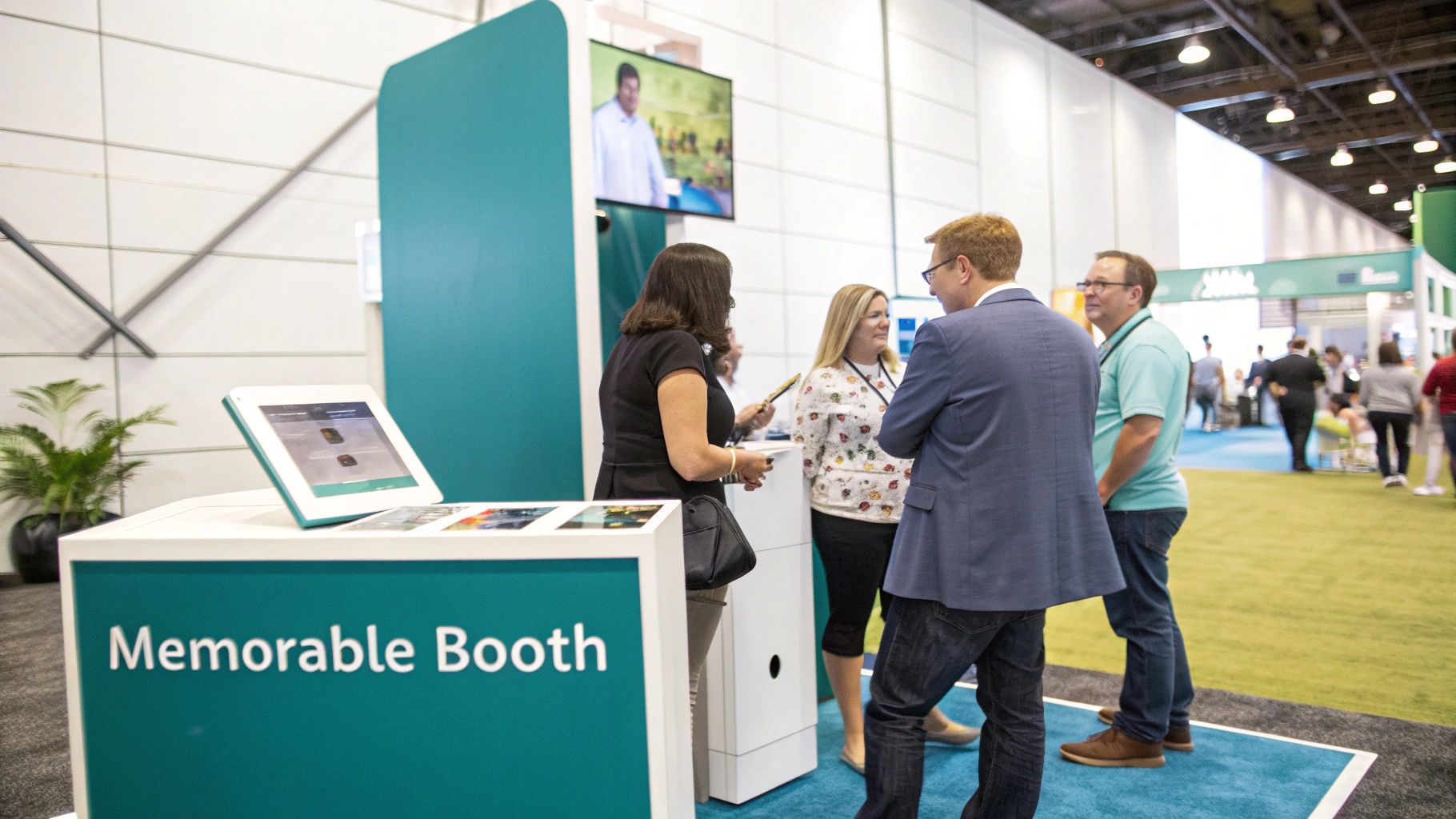 A modern and engaging trade show booth with bright lighting and clear branding.