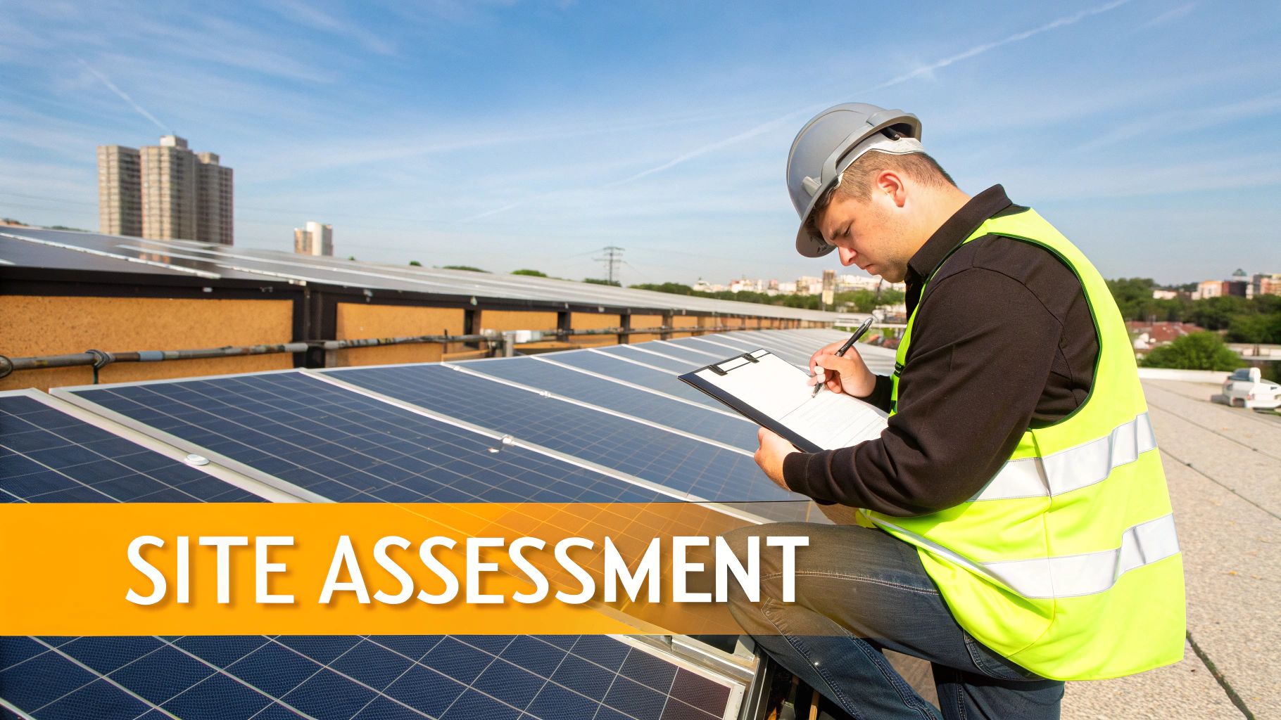 A professional solar installation crew working on a New York City rooftop, with panels laid out and ready for mounting.