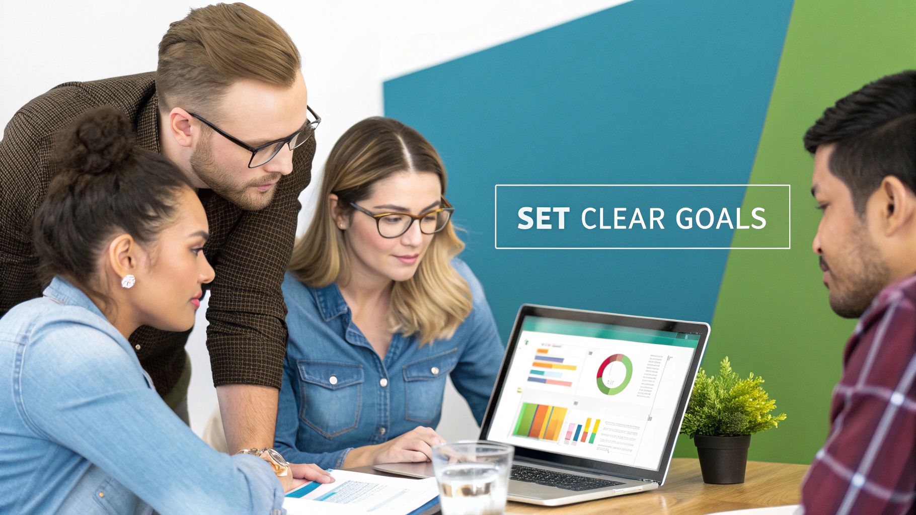 A team collaborating around a whiteboard, setting trade show goals with sticky notes and charts.