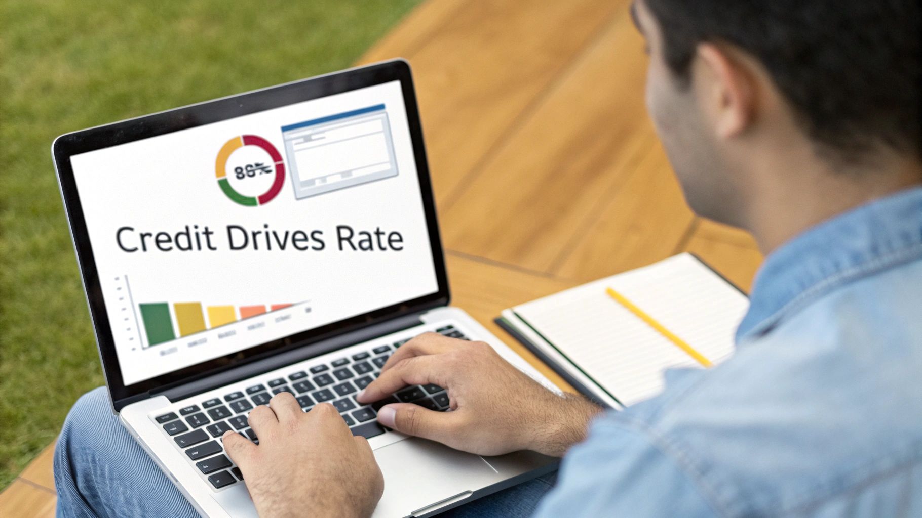 A person’s hand pointing to a credit score dial, with numbers and colors indicating different risk levels.