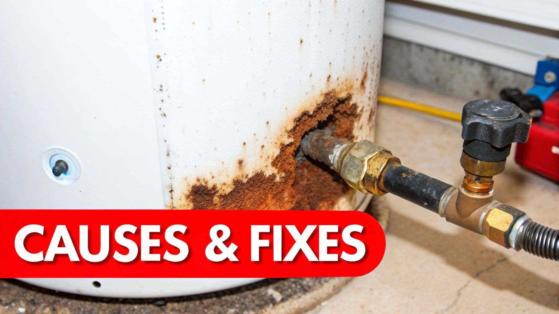 A plumber inspecting the bottom of a water heater with a flashlight.