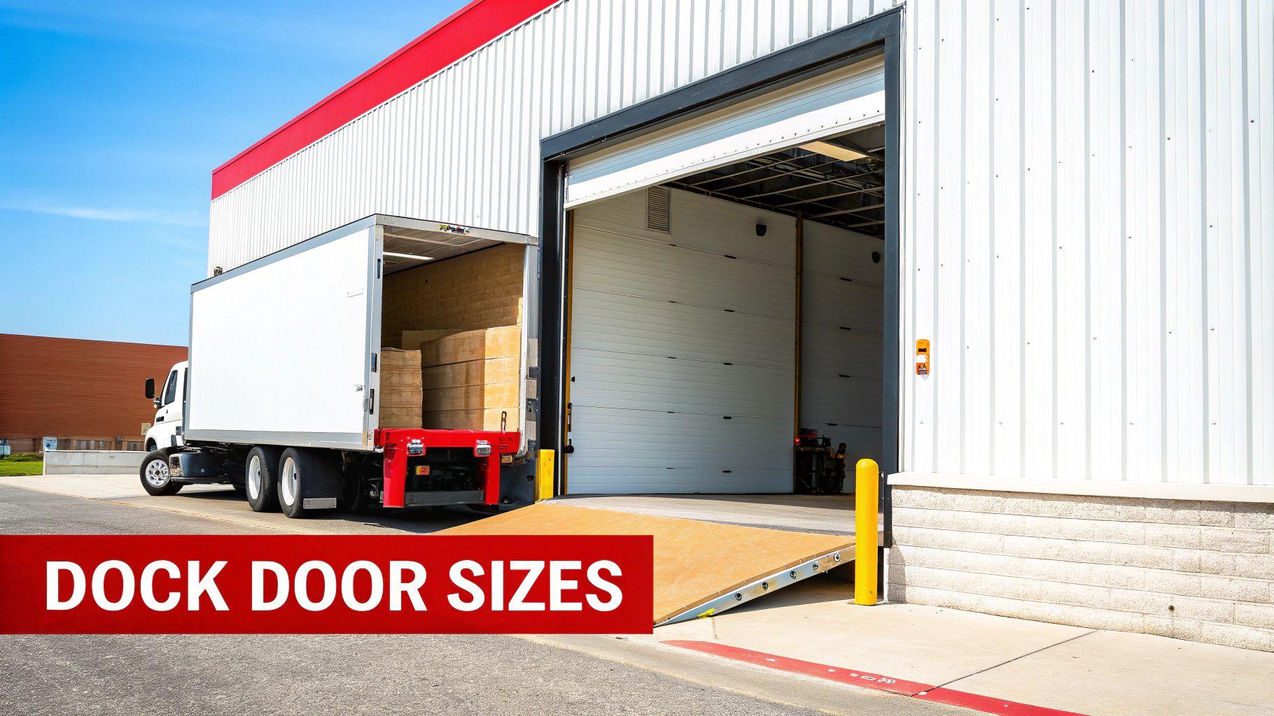 A busy loading dock with multiple commercial overhead doors open, showing trucks backed up to them.