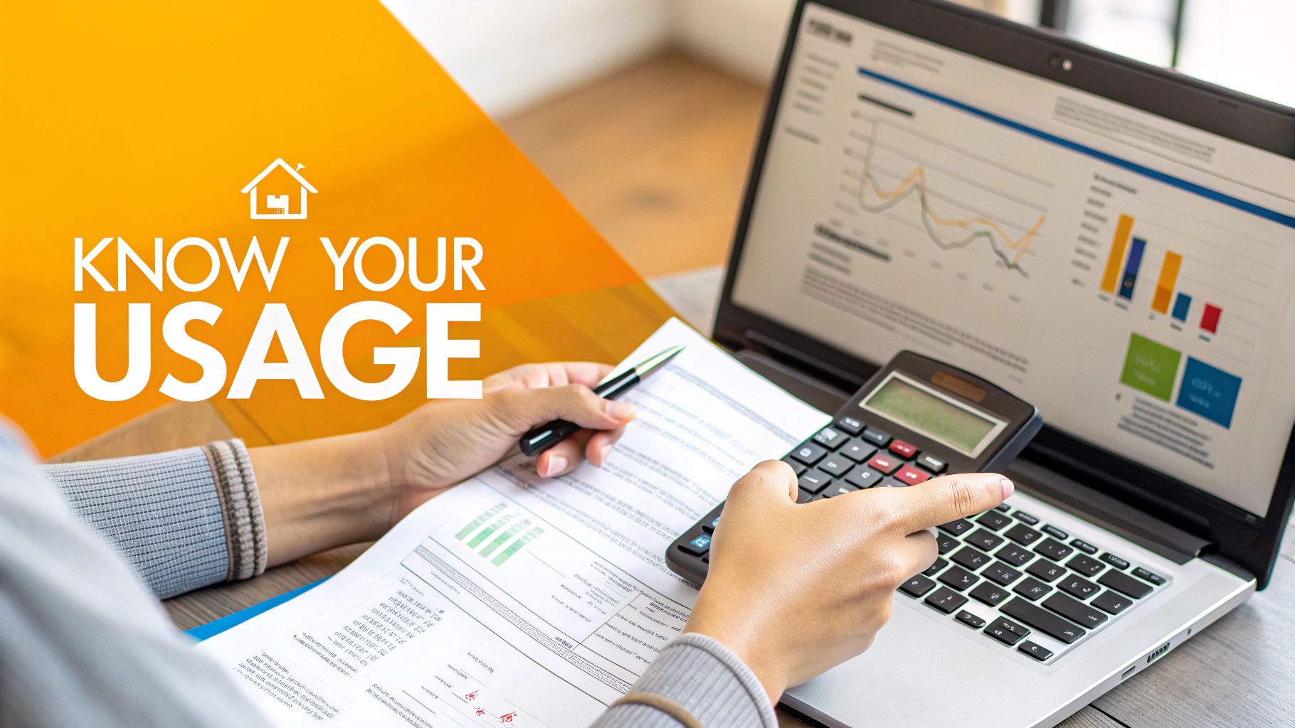 A person reviewing their electricity bill with a calculator nearby, indicating the start of the solar calculation process.
