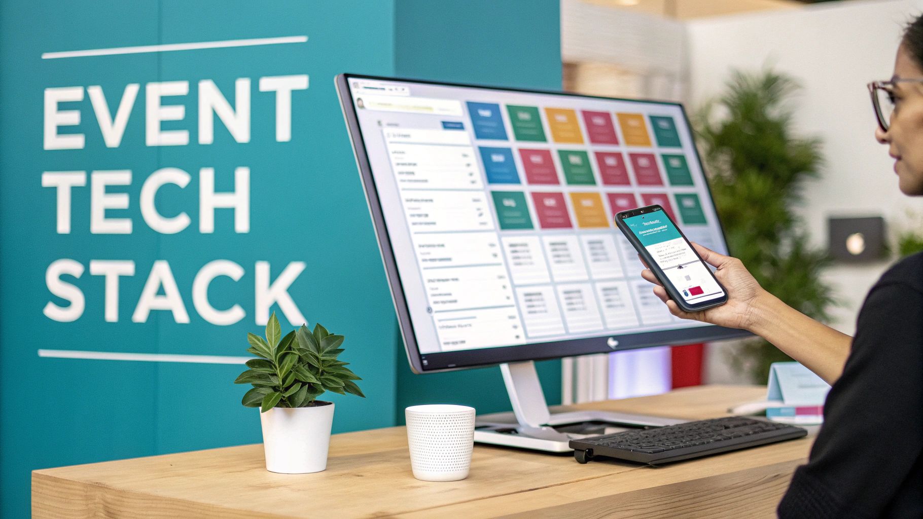 A team collaborating around a laptop displaying project management software, with event-related icons overlaid.