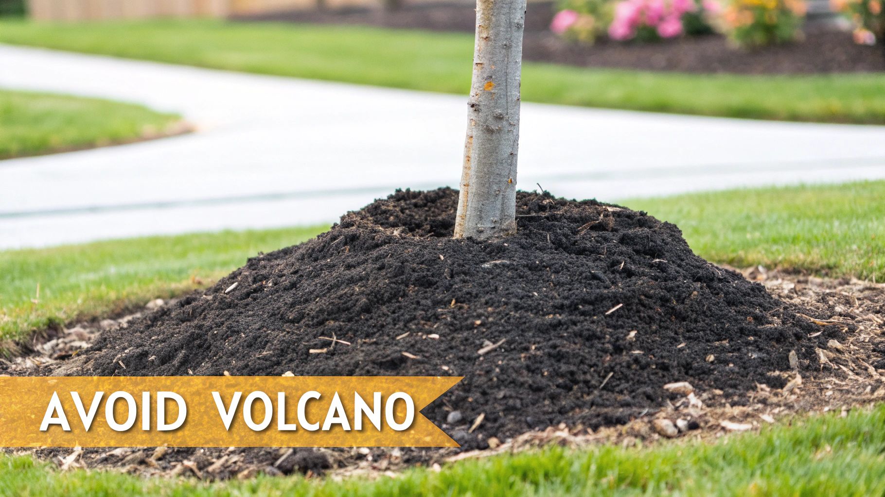 A tree with a 'mulch volcano' piled high against its trunk, showing an incorrect mulching technique.