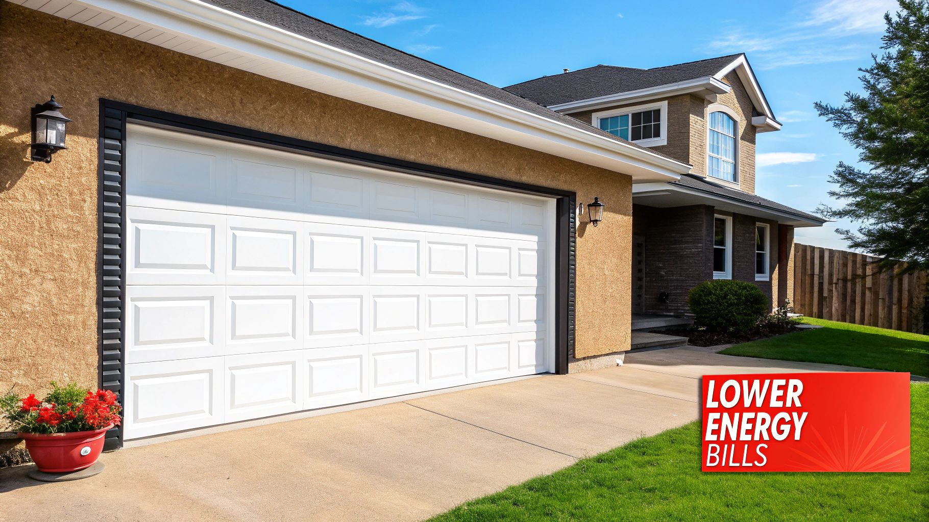A modern, well--insulated garage door on a residential home, showcasing its clean lines and energy-efficient design.
