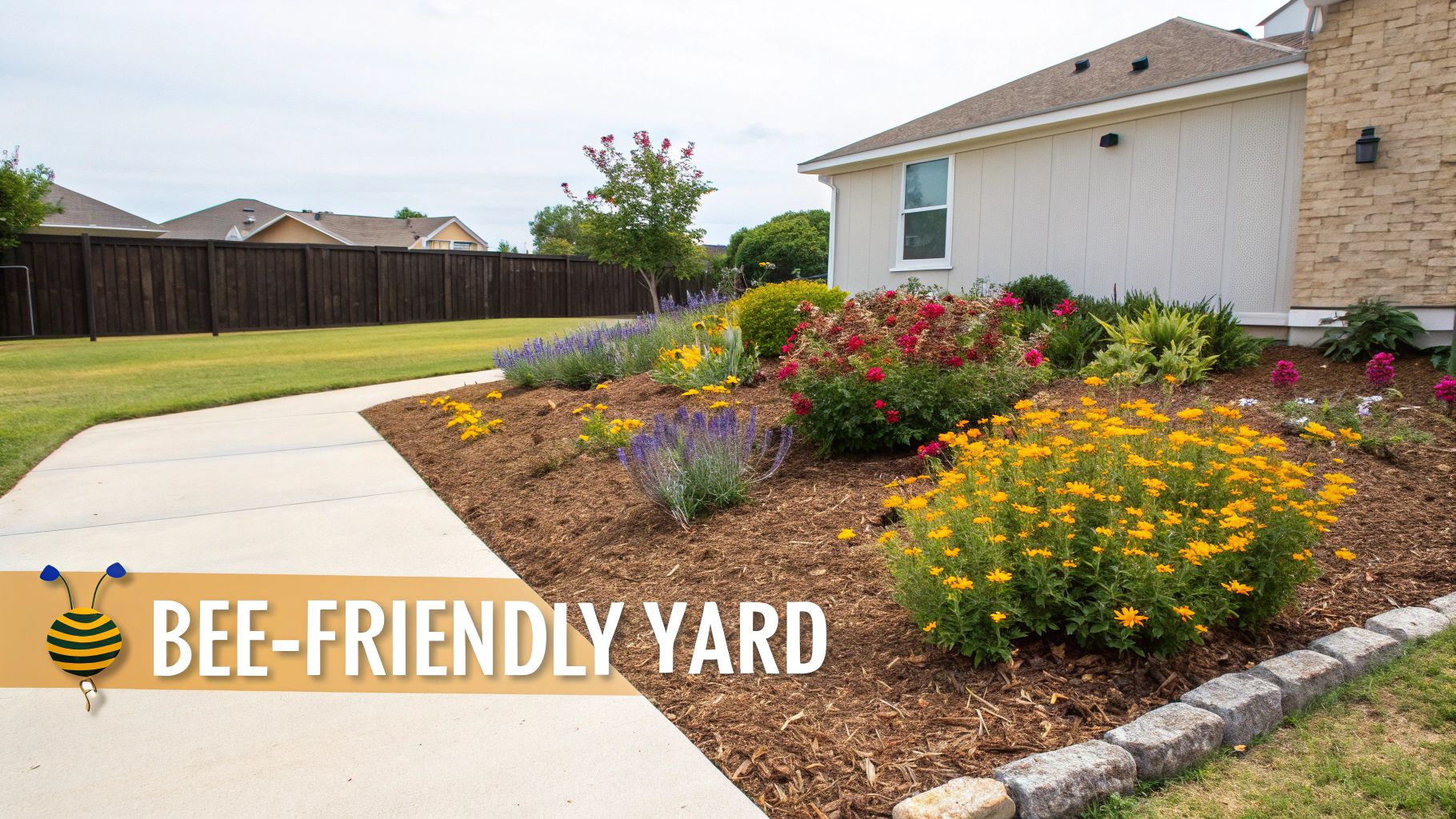 A beautifully landscaped garden with native South Texas plants like Texas Lantana and Salvia, buzzing with bees and butterflies.