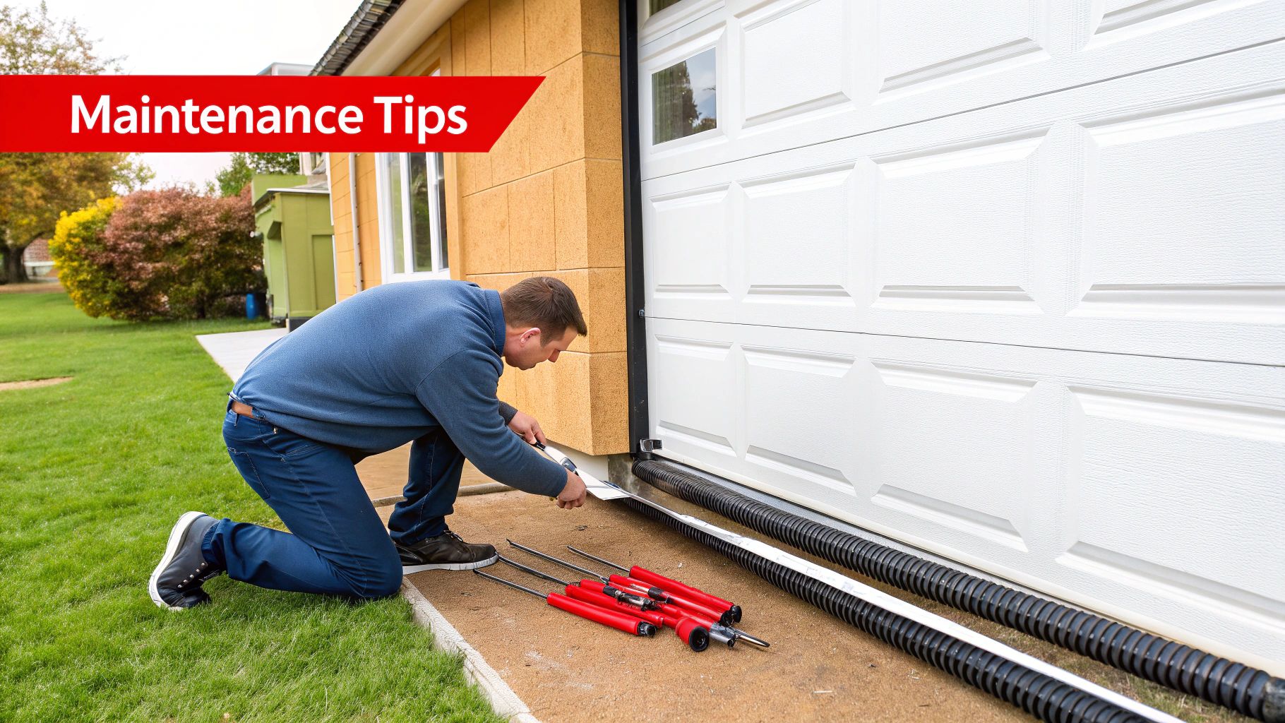 A professional garage door technician in a branded uniform inspects a garage door system.
