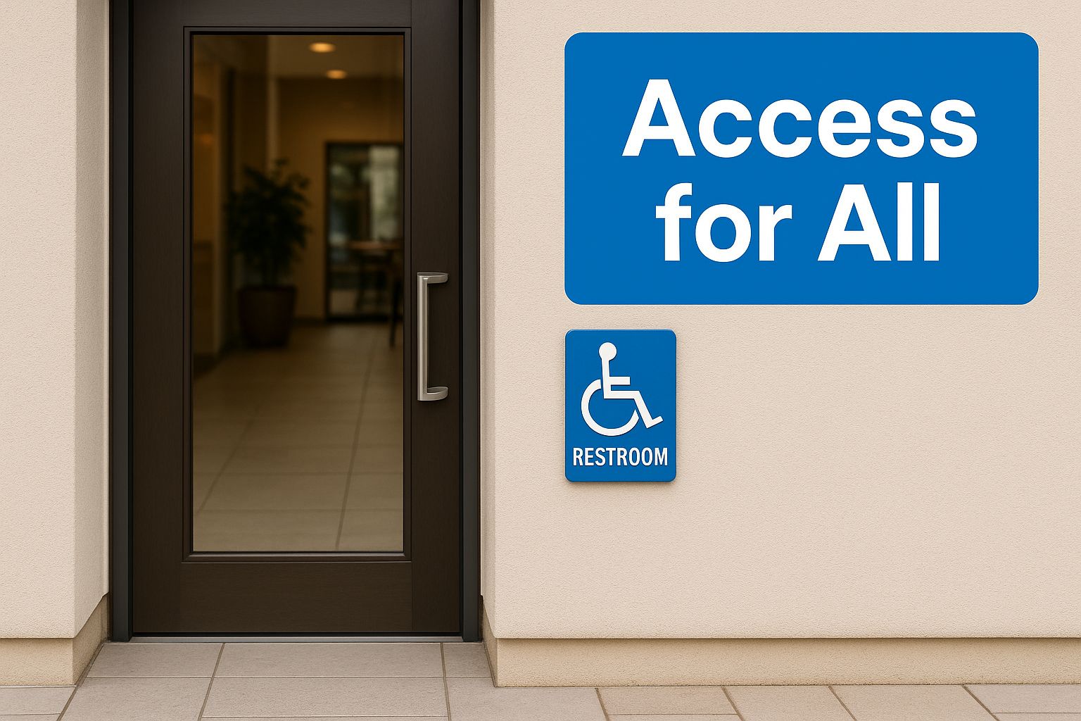 An accessible restroom sign is mounted on a wall next to a business entrance, promoting inclusivity.