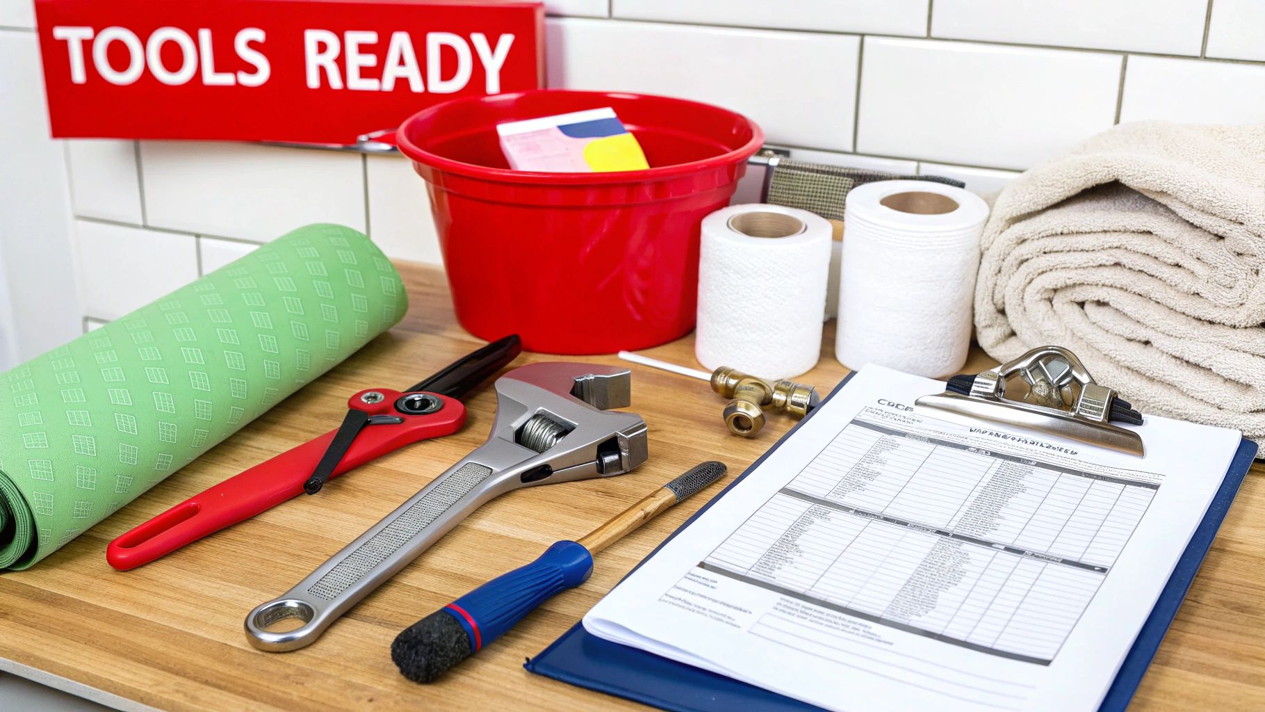 An organized set of plumbing tools, including wrenches and a bucket, laid out under a kitchen sink.