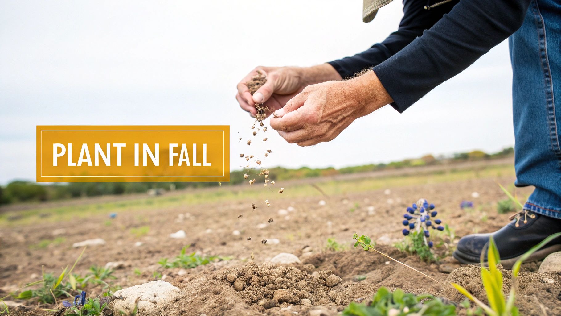 A beautiful field of Texas wildflowers with bluebonnets and Indian paintbrushes under a clear blue sky.