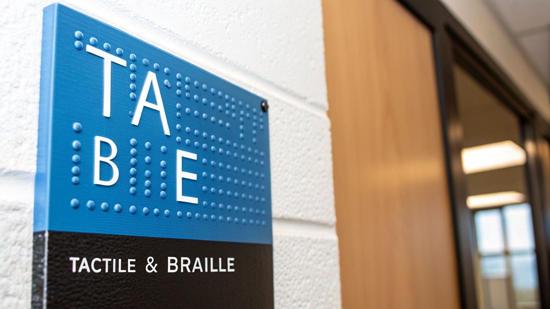 A close-up of a blue and white restroom sign showing raised characters and Braille dots underneath.