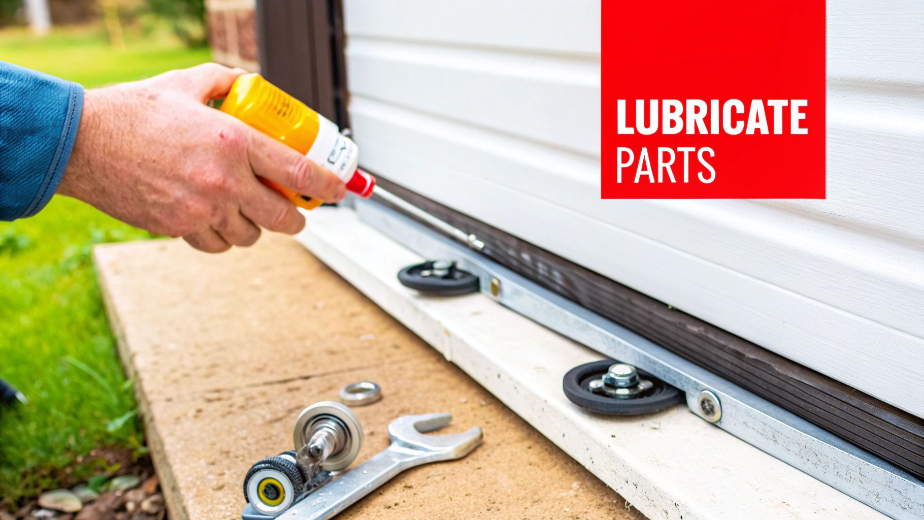 A close-up of a garage door track with a metal roller, highlighting a key area for winter lubrication and maintenance.